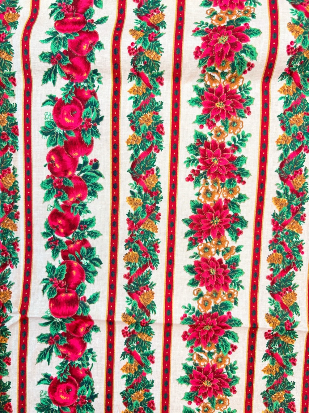 Vintage 70s Cranston Cotton Apples and Poinsettia CHRISTMAS Fabric ~ 2 Remnants